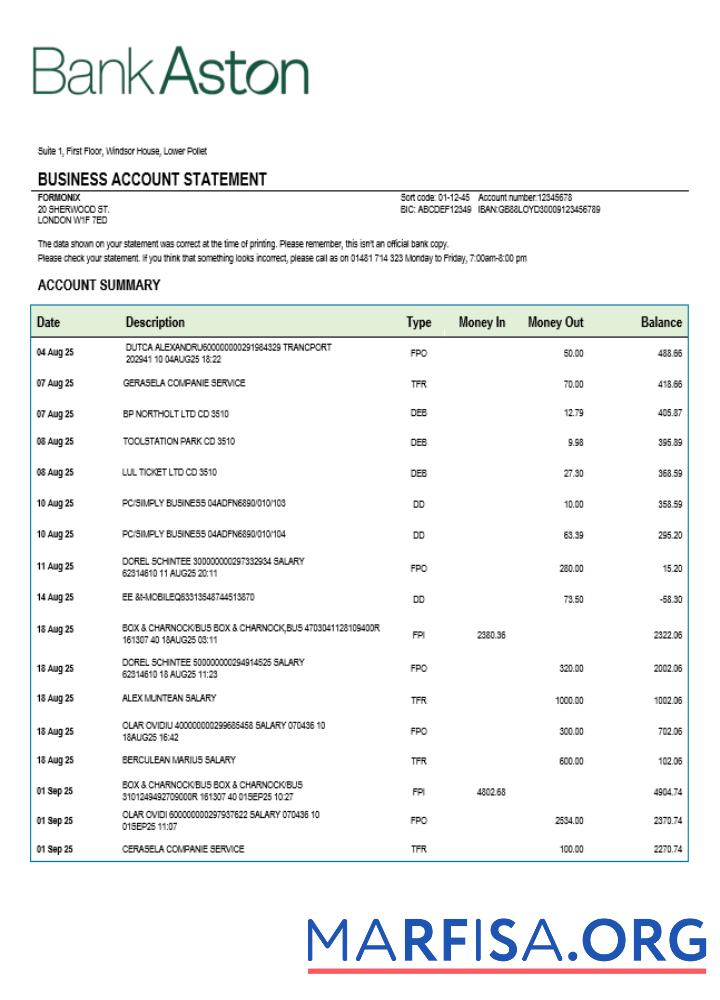 Realistic United Kingdom Bank of Aston business checking account statement Word and PDF template